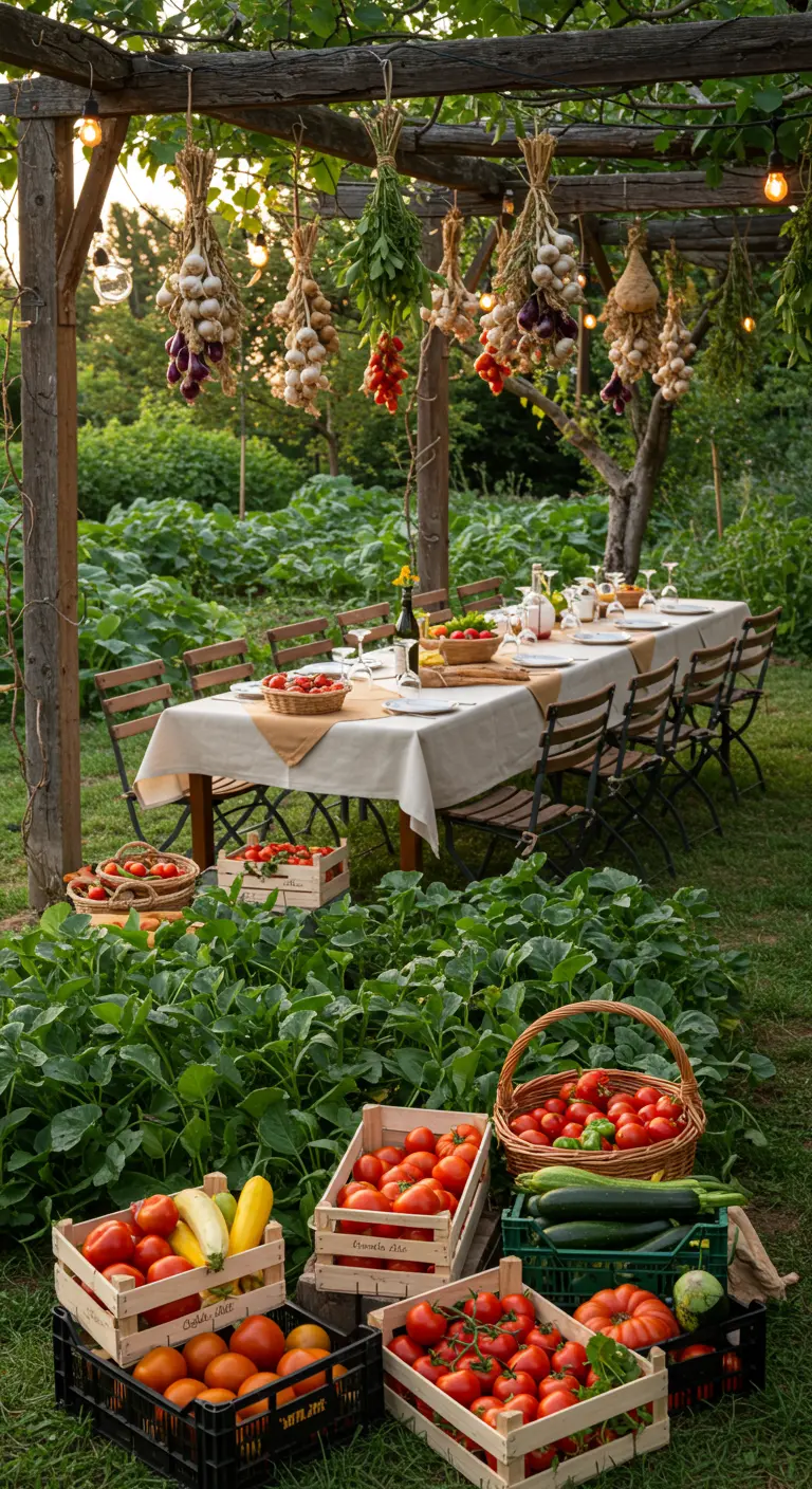 Eettafel in een moestuin, met trossen knoflook en pepers die aan een pergola hangen.