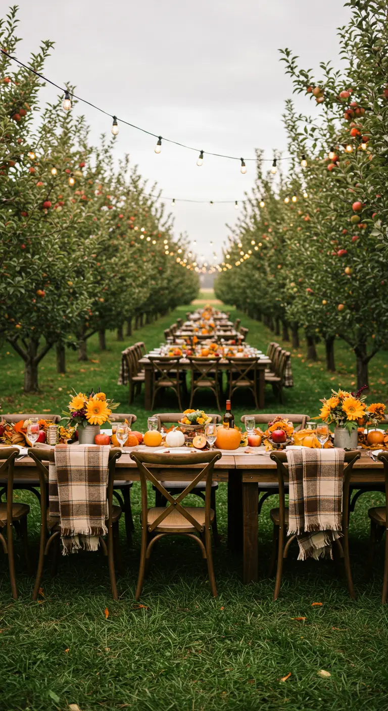 Herfstdiner in een boomgaard met houten stoelen waar geruite plaids overheen hangen.