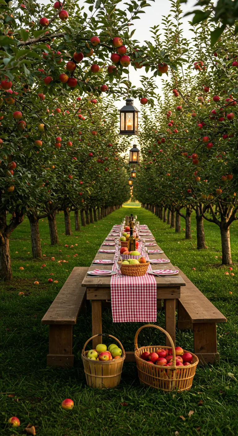 Lange houten tafel in een appelboomgaard, met een rood-wit geblokte loper en manden vol appels.