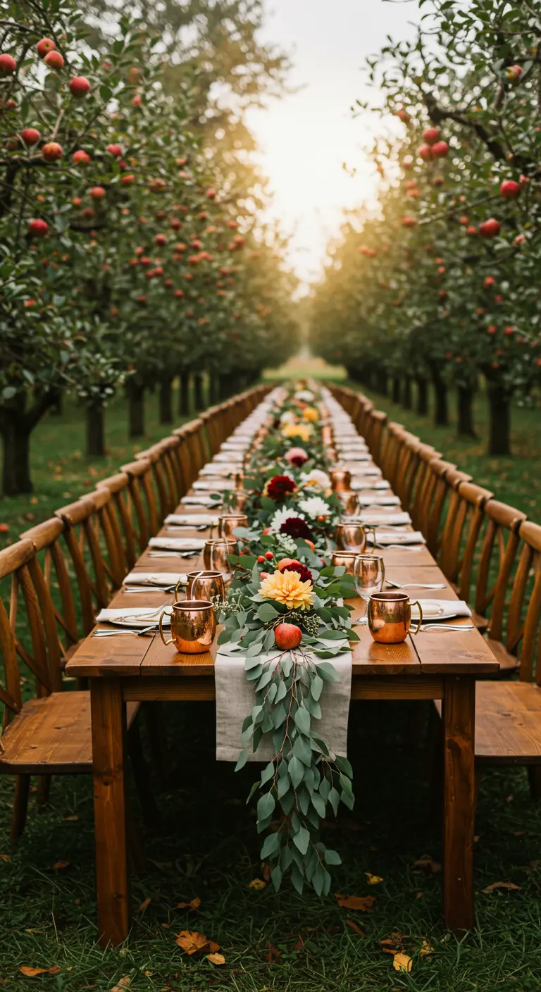 Lange houten tafel in een appelboomgaard, versierd met eucalyptus, bloemen en appels.