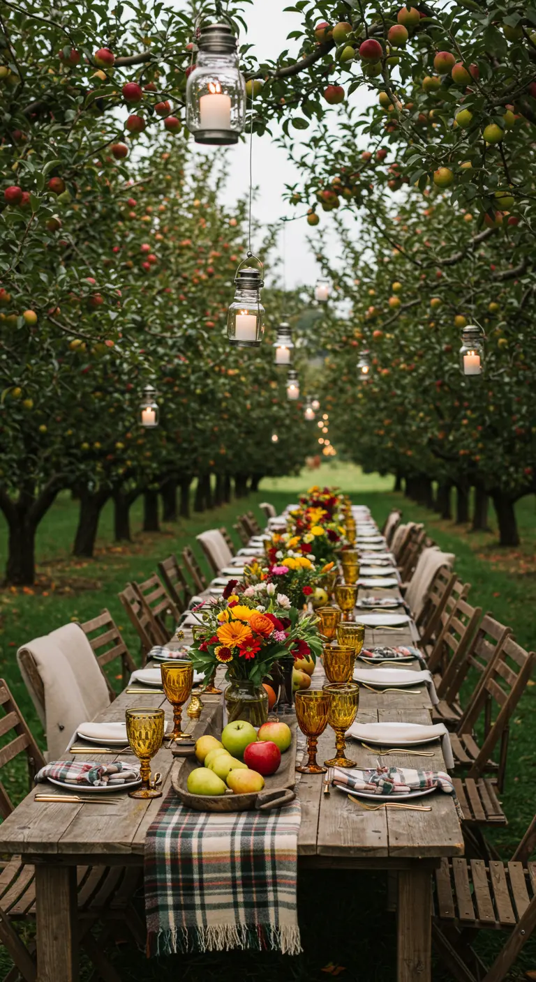 Lange dinertafel in een appelboomgaard met kaarsen in potjes hangend aan de takken.