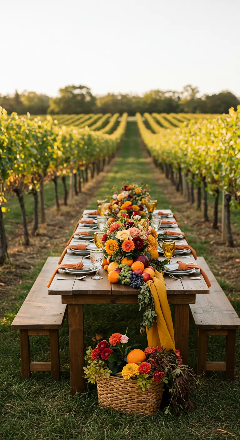 Feestelijke picknicktafel gedekt in een wijngaard met herfstfruit.