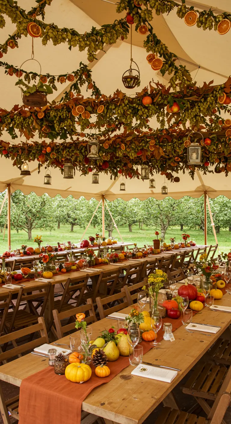 Dinertafels in een tent, gedecoreerd met pompoenen en hangende slingers van fruit en hop.