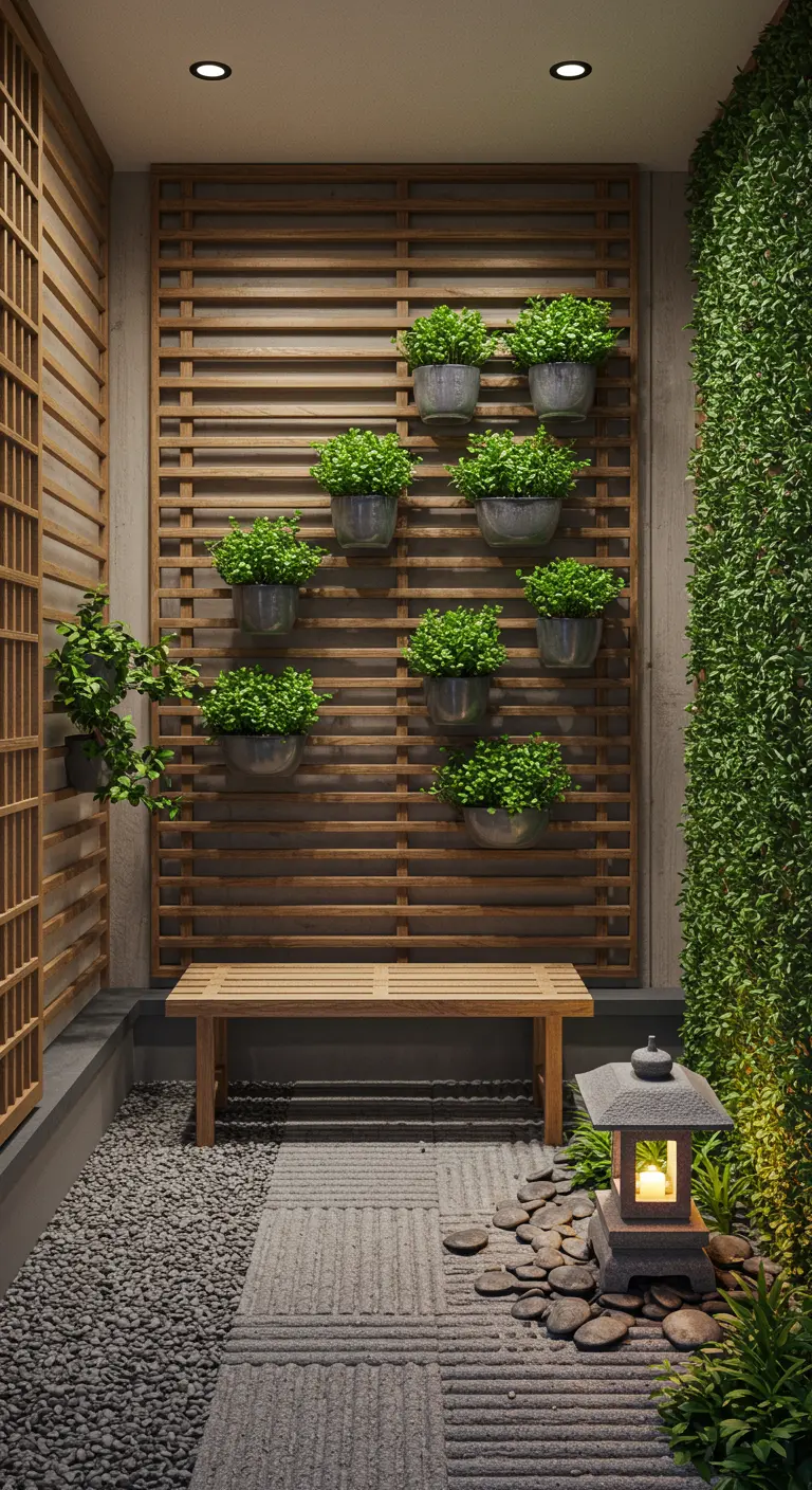 Zen-tuin op balkon met houten latticewand, stenen tuinpad en hangende kruidenplanten.