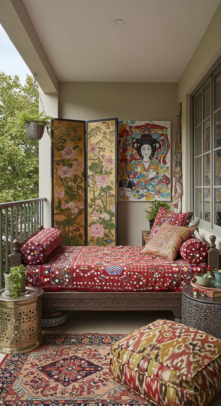 Oosters ingericht balkon met kamerscherm, rijkversierd daybed en Aziatische kunst.
