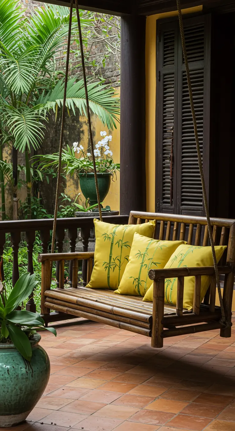 Bamboe schommelbank met limegroene kussens op een veranda met donker hout en een pot orchideeën.