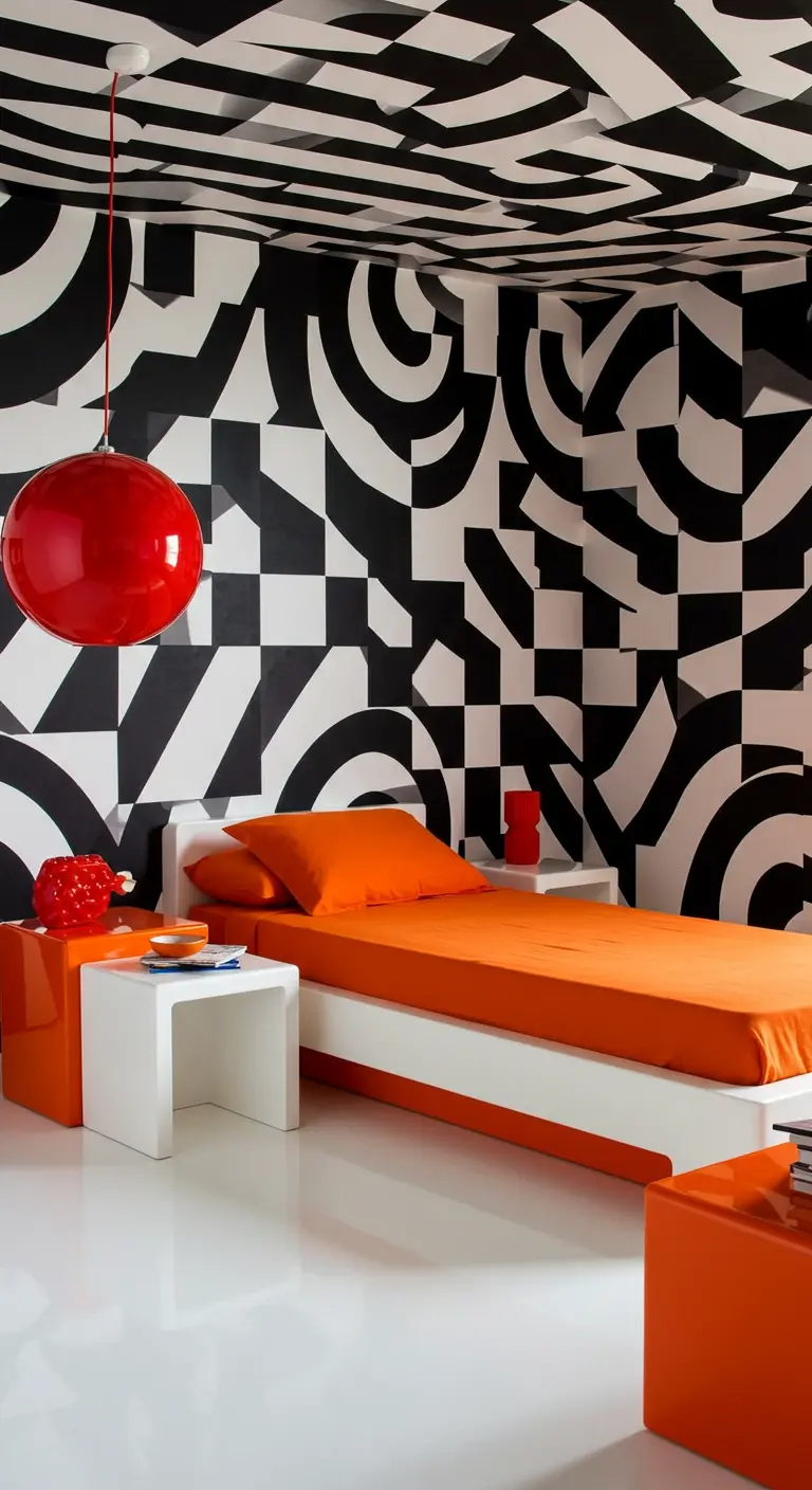 Slaapkamer met een druk zwart-wit patroon op muren en plafond en een oranje bed.