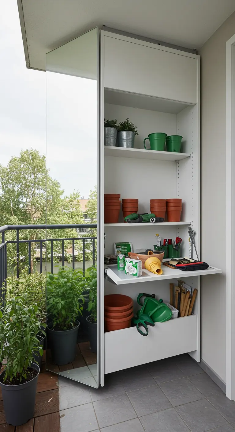 Witte opbergkast op een balkon, waarbij één deur een spiegel is die de tuin reflecteert.
