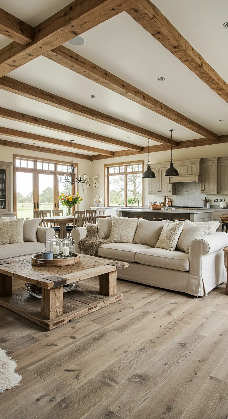 Open woonkamer en keuken met houten balken, lichte banken en houten salontafel