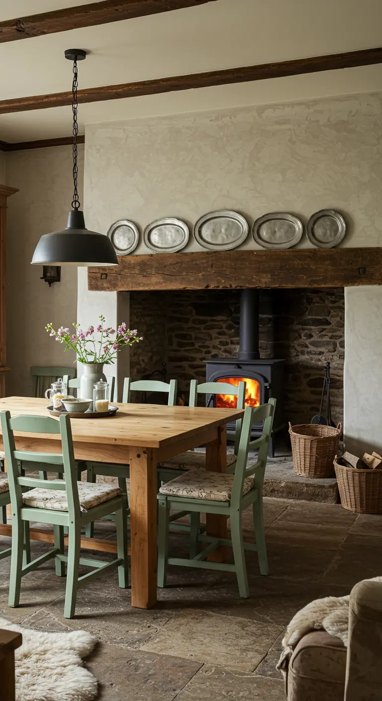 Landelijke eetkamer met open haard, houten tafel, groene stoelen en subtiele bloemenkussens.