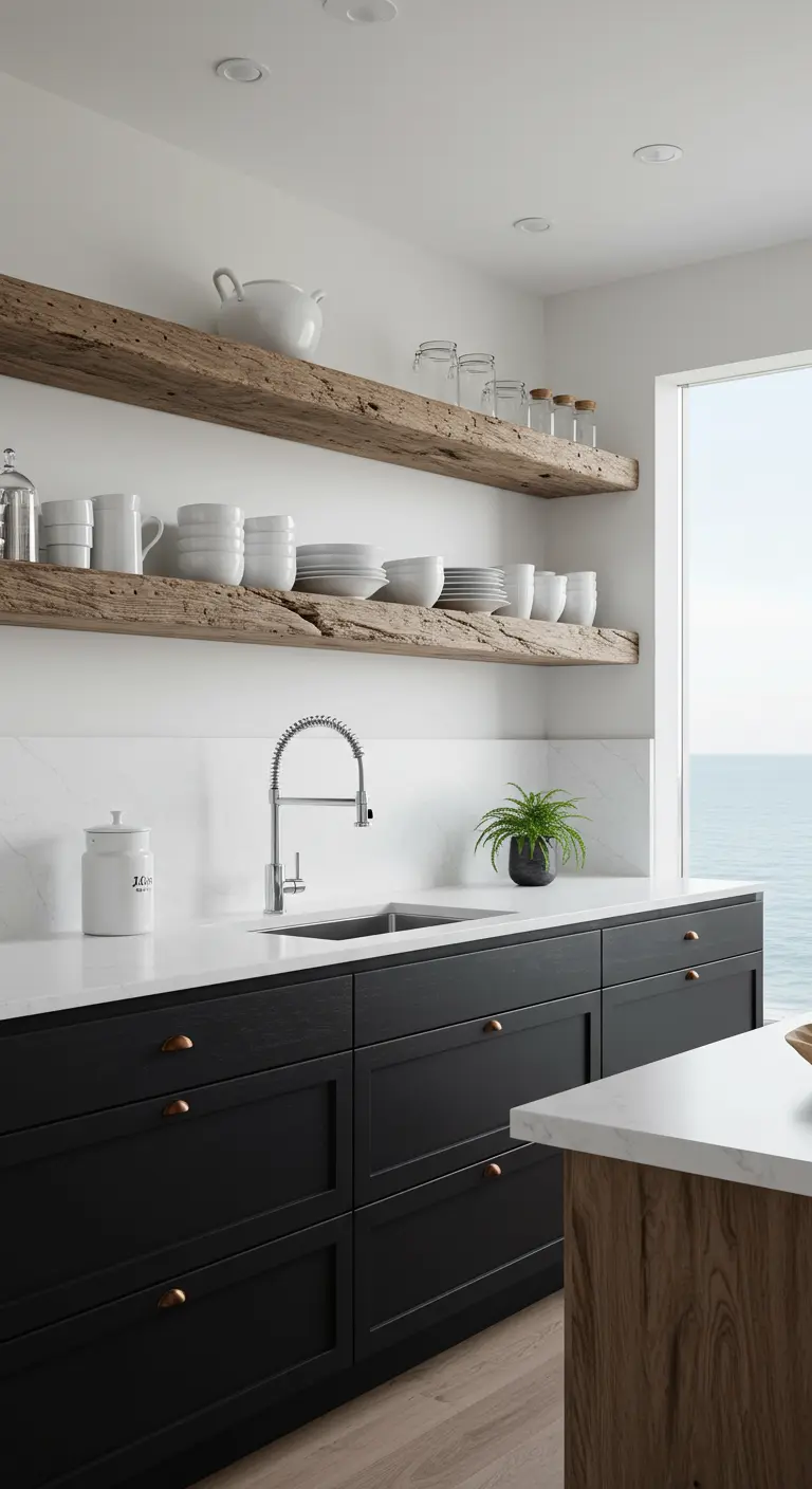 Keuken met zwarte onderkasten en twee dikke, houten wandplanken met wit servies erop.