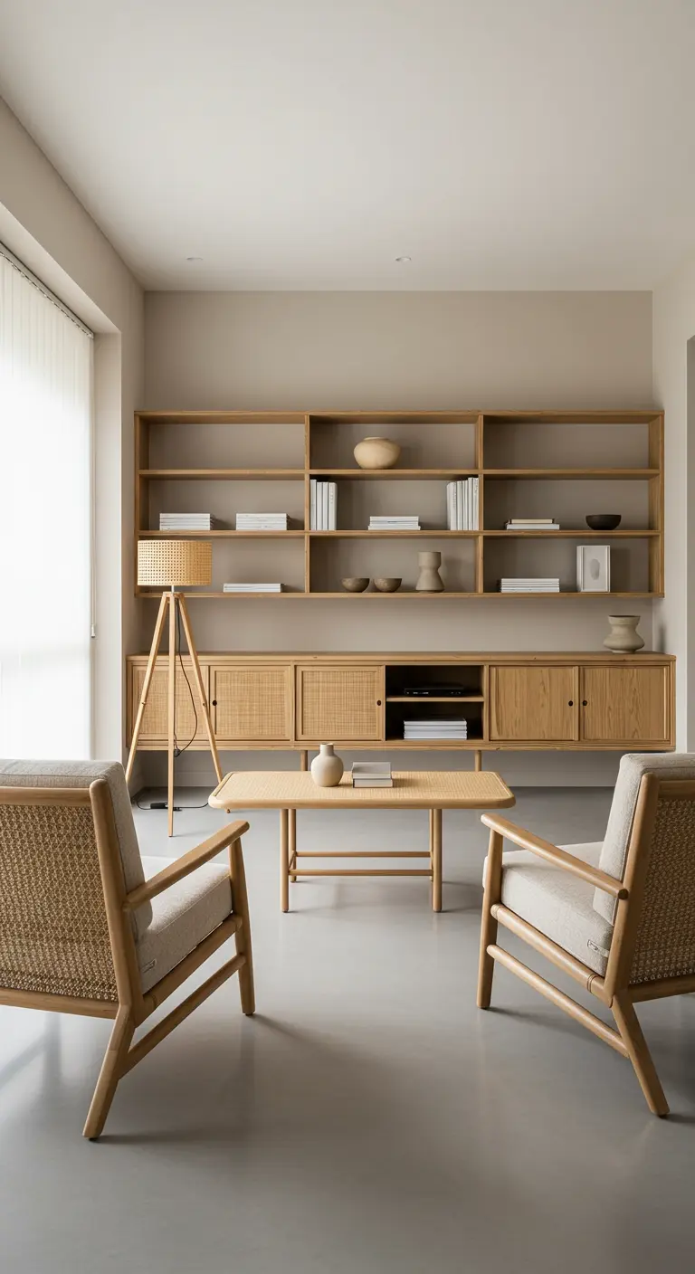 Woonkamer met open houten vakkenkasten, rieten fauteuils en staande lamp