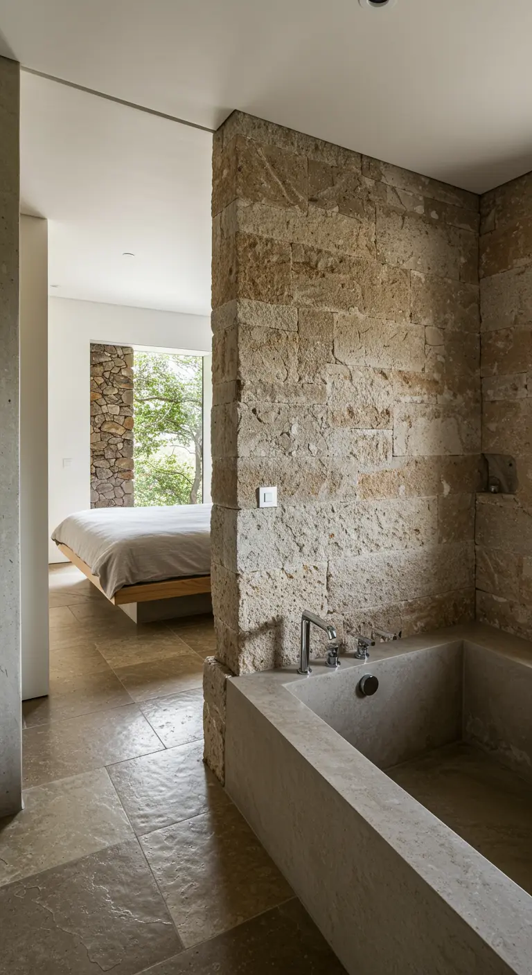 Open badkamer verbonden met de slaapkamer, gescheiden door een ruwe stenen muur.