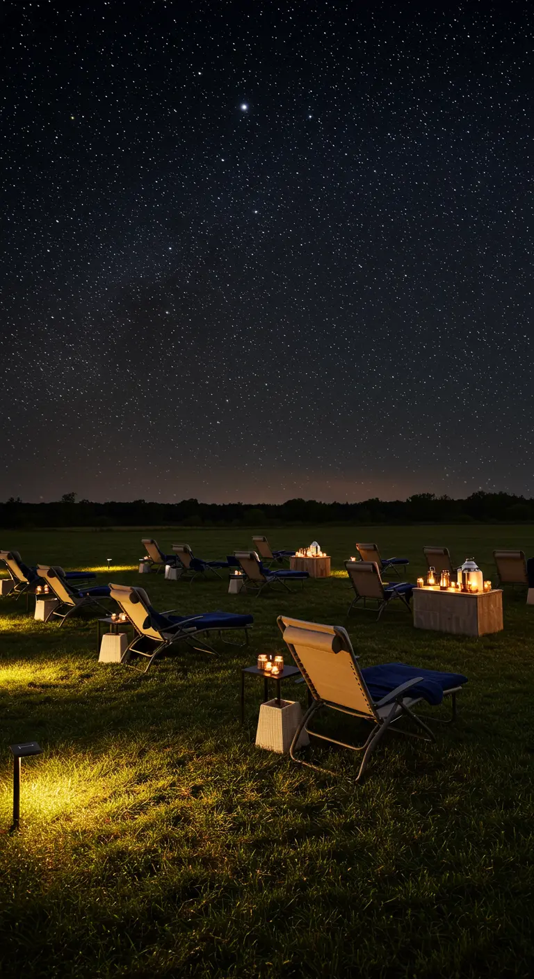 Lounge-stoelen in een veld bij nacht, gericht op een niet-zichtbaar scherm, met kaarsen.