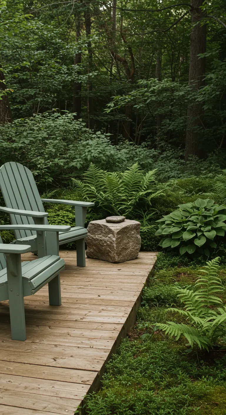 Houten vlonder met twee groene stoelen in een weelderige, bosrijke tuin.
