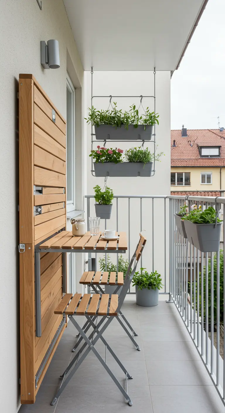 Compact balkon met een houten opklapbare tafel en stoelen die aan de muur bevestigd zijn.