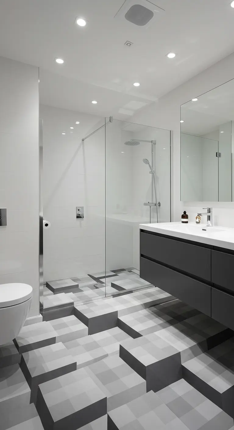 Moderne badkamer met een 3D-effect kubuspatroon op de vloer in grijstinten.