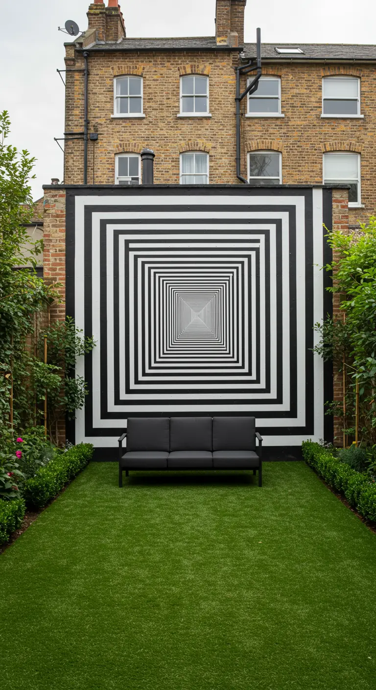 Moderne tuin met een grote muurschildering van een zwart-witte optische illusie