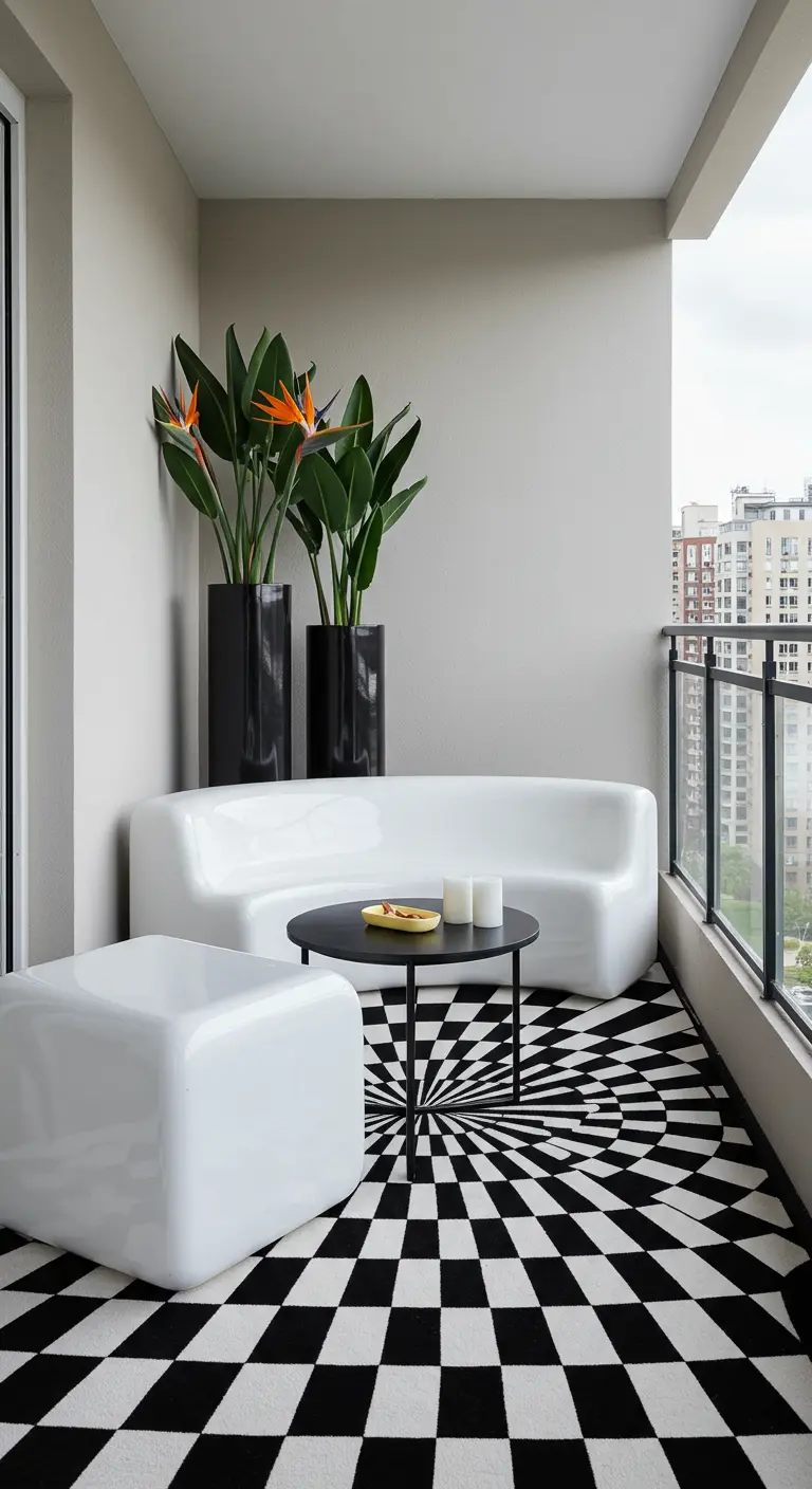 Balkon met een opvallend zwart-wit vloerkleed met optische illusie en een witte designbank.