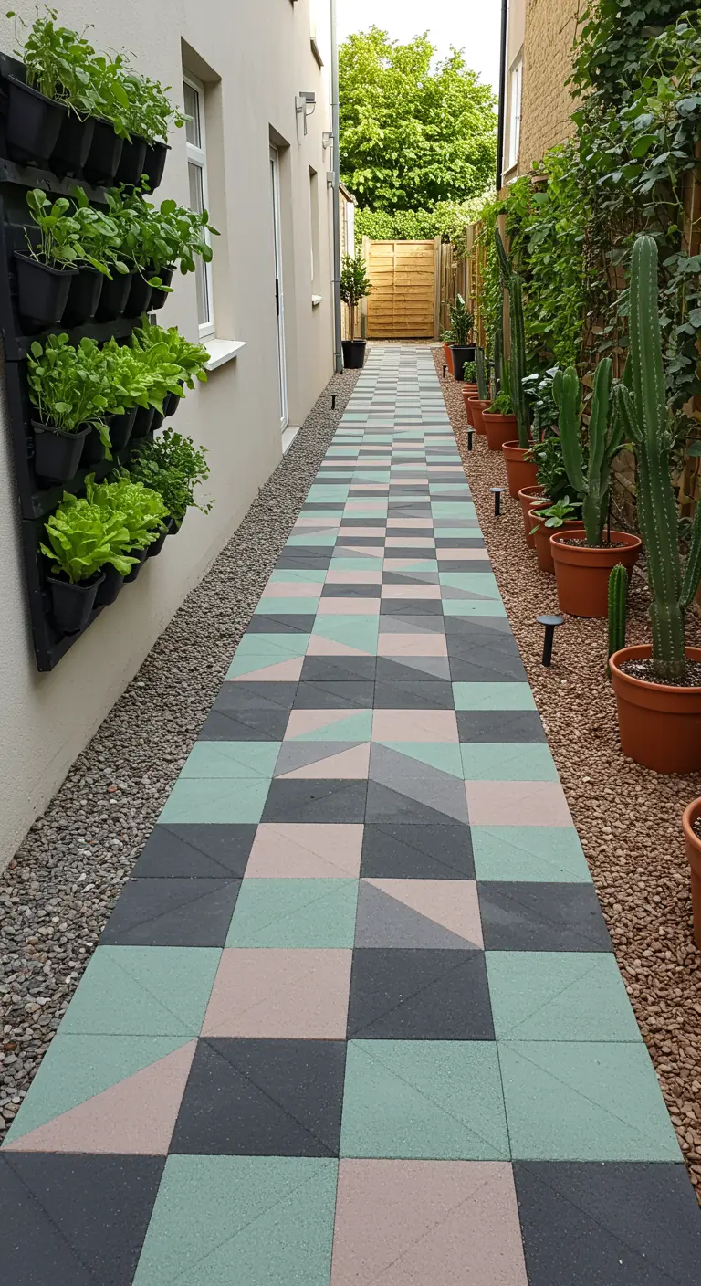 Lang, smal tuinpad met een geometrisch patroon in mintgroen, roze en grijs.