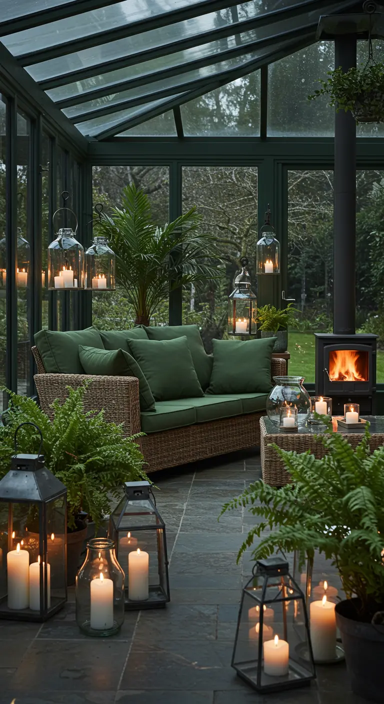 Glazen serre met groene rotan meubels, planten, houtkachel en veel kaarslantaarns.
