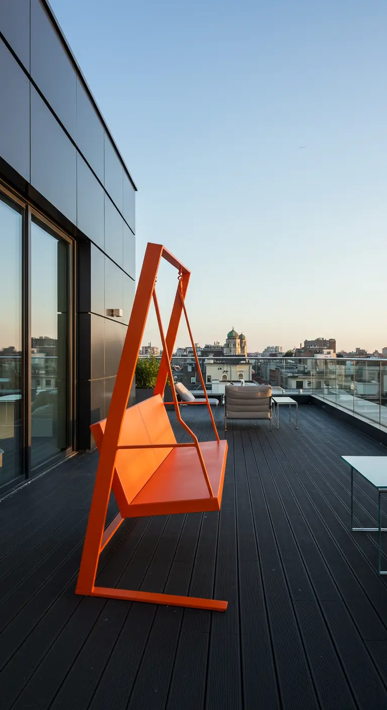 Strakke, oranje metalen schommelbank op een dakterras met donkere houten vloer.