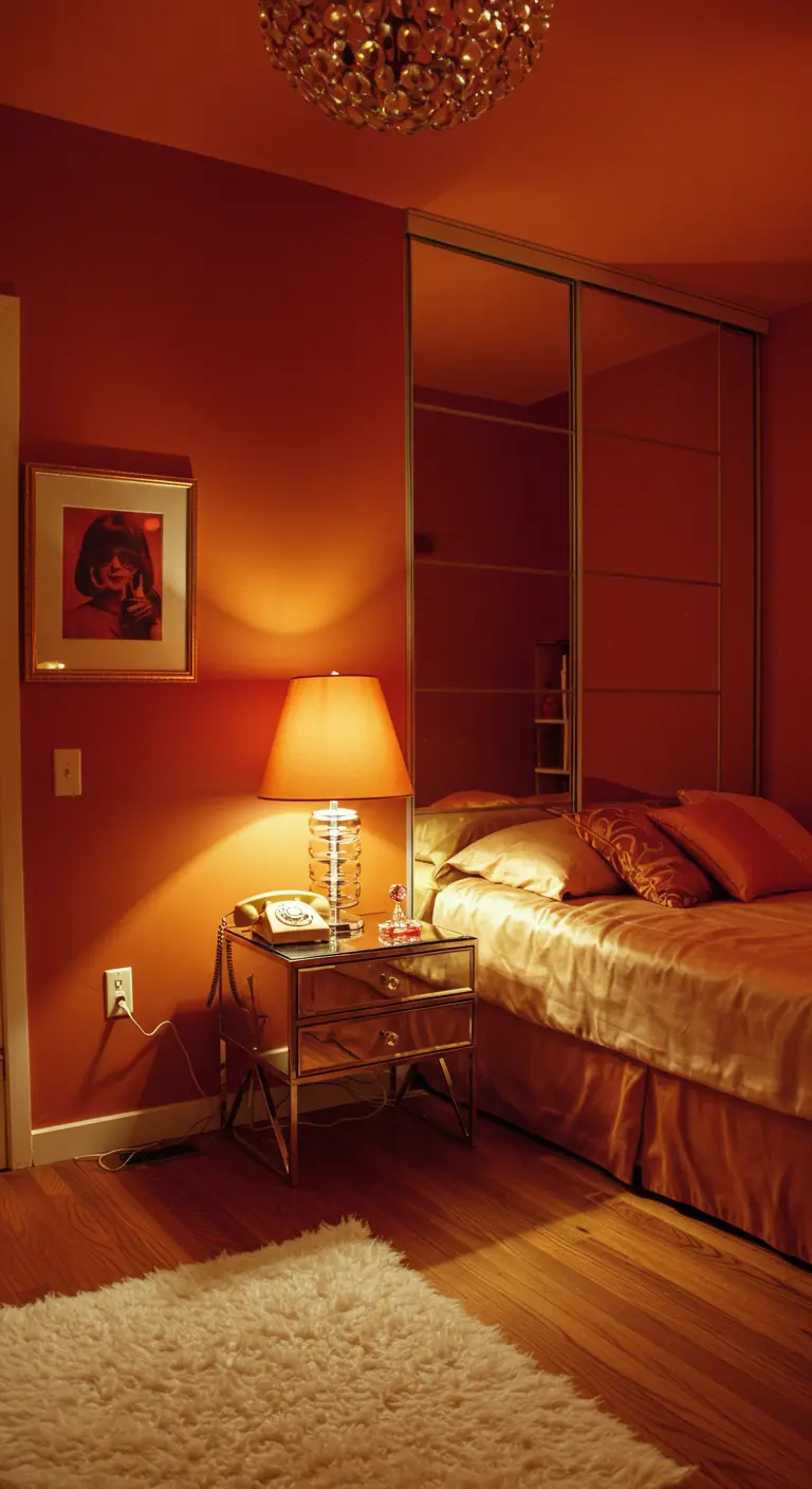 Oranje slaapkamer met spiegelkastdeuren en een glanzend dekbed.