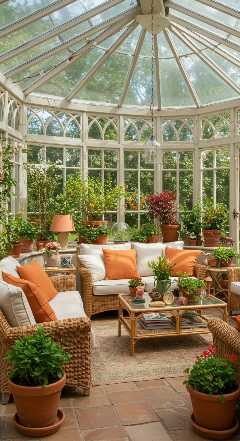 Serre vol planten, rieten banken met oranje kussens, terracotta potten.