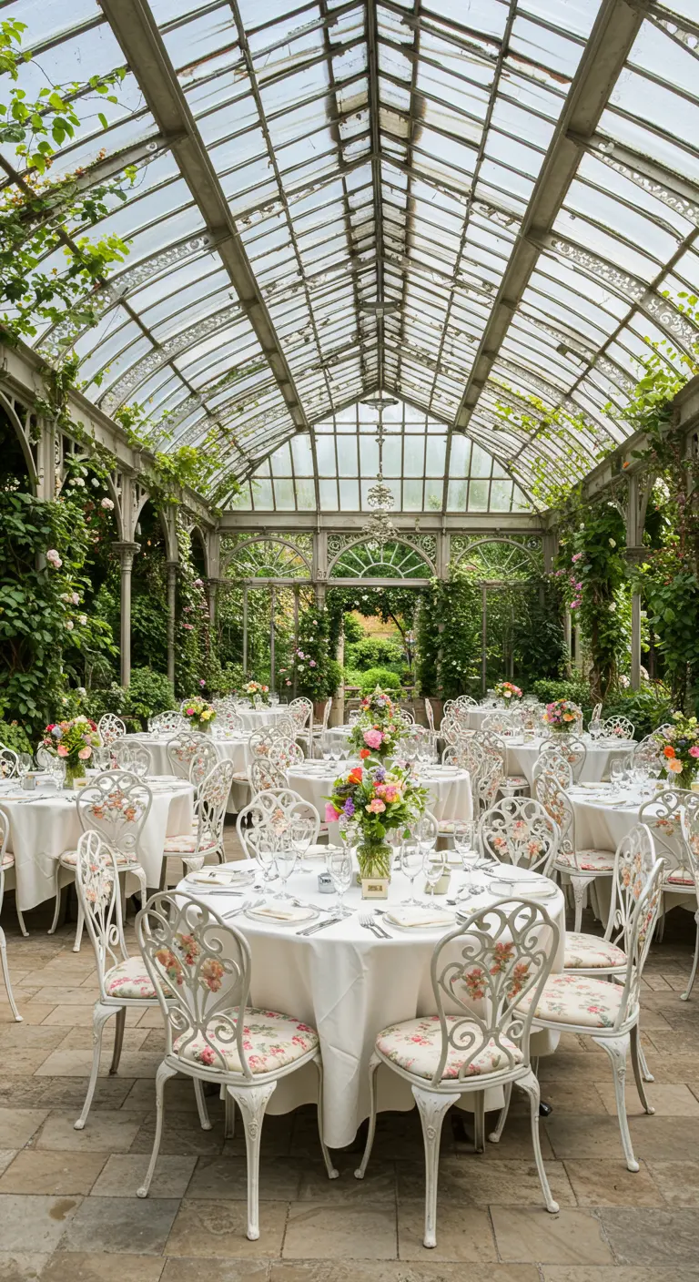 Romantische receptie in een kas met witte smeedijzeren stoelen met bloemenkussens.