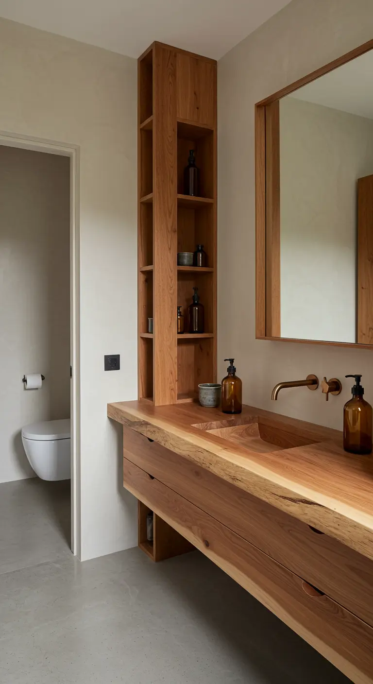 Badkamer met een massief houten wastafelblad met organische randen en een ingebouwde houten kast.