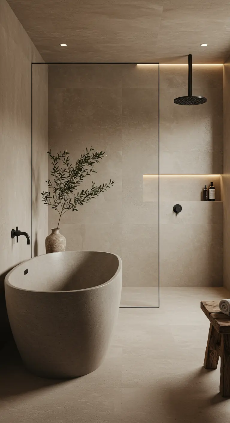 Zandkleurig, organisch gevormd bad in een minimalistische badkamer met beige tegels.