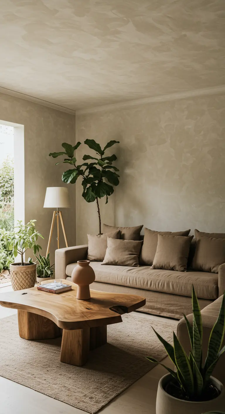 Woonkamer met een organisch gevormde houten salontafel, grote groene planten en een beige bank.