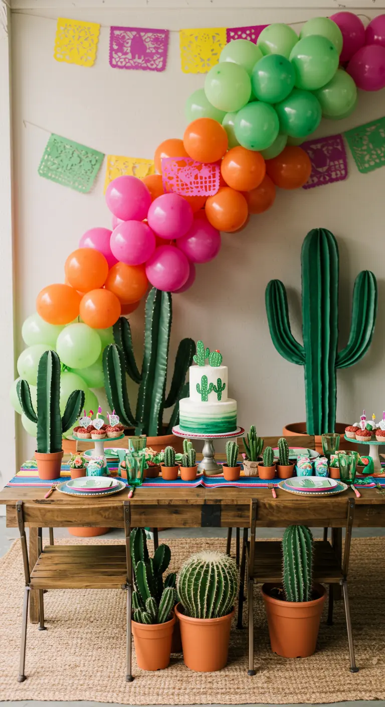 Ballonnenboog in felle kleuren boven een tafel met cactussen en Mexicaanse decoratie.