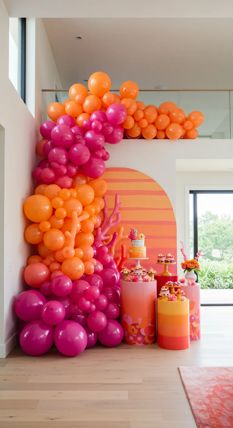 Grote, organische boog van roze en oranje ballonnen siert een hoek van een moderne ruimte.