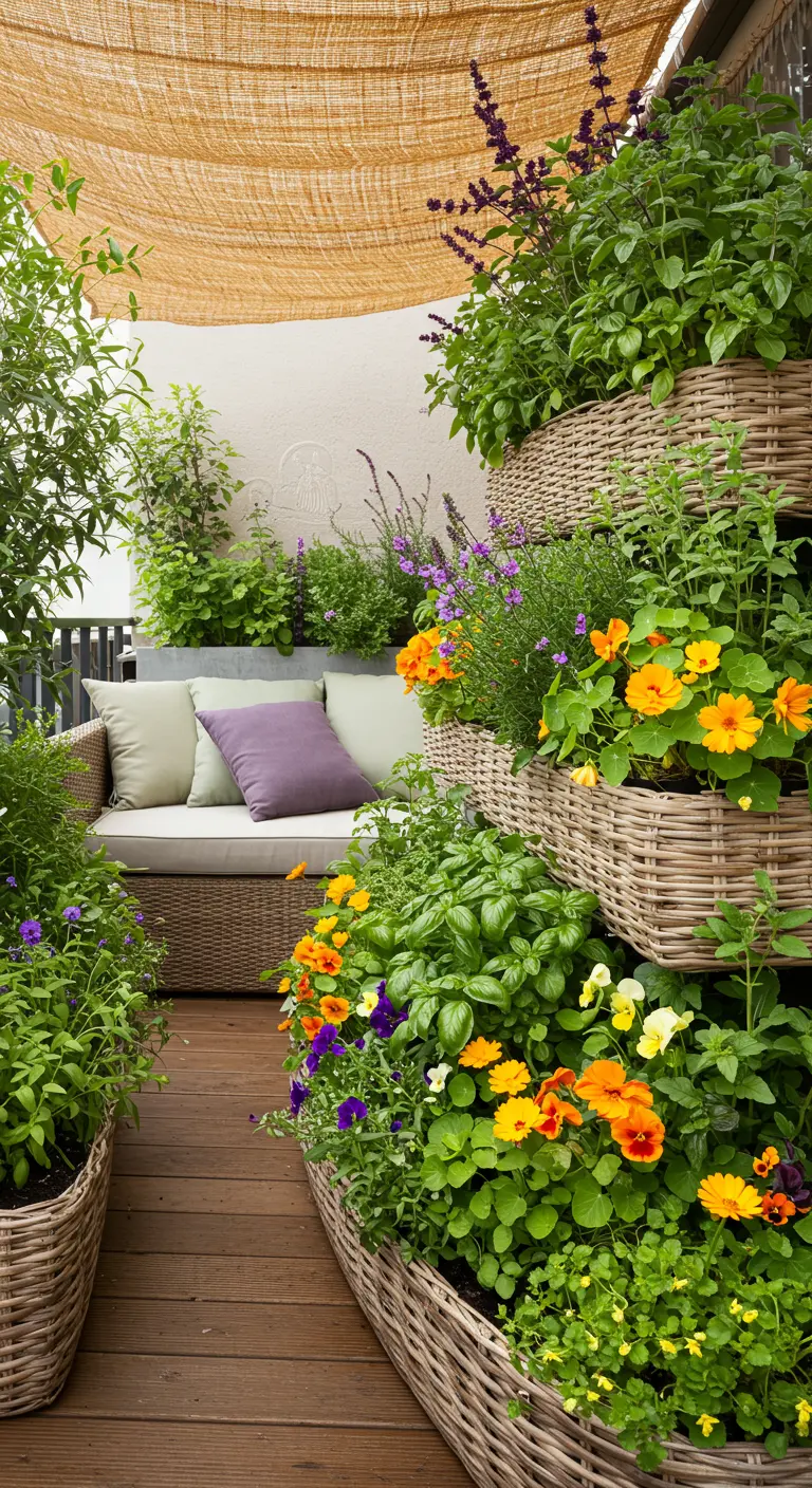 Balkon met gelaagde rieten manden vol diverse kruiden en bloeiende planten.