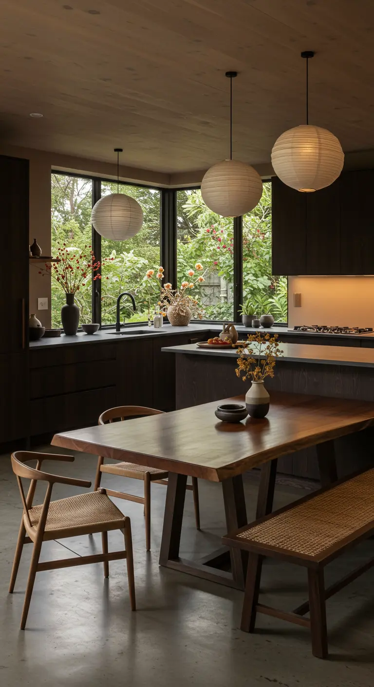 Keuken en eetruimte met donker hout, grote ramen en zachte, ronde papieren hanglampen.