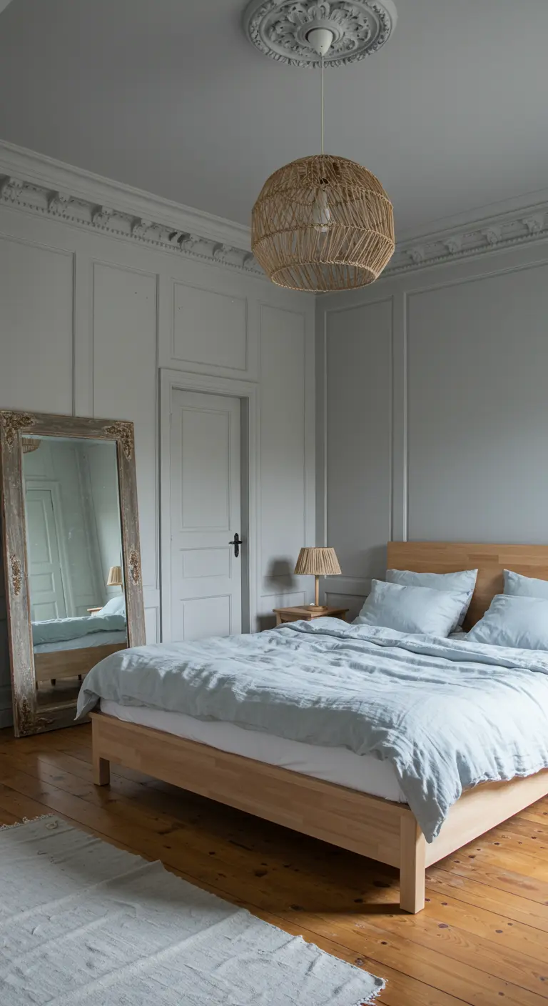 Klassieke slaapkamer met grijze lambrisering, rotan lamp en een houten bed.