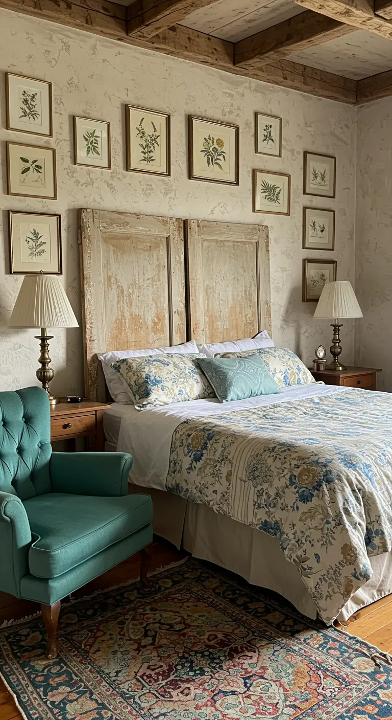 Rustieke slaapkamer met oude deuren als hoofdbord, botanische kunst aan de muur, en een petrolblauwe fauteuil.