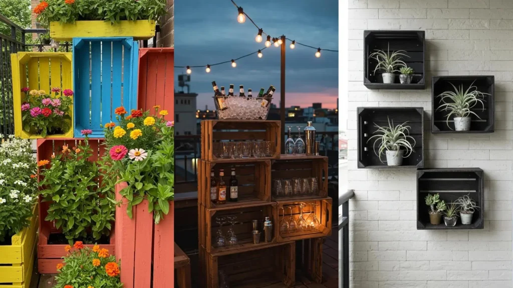 Creatieve tuintips met oude kratten: kleurrijke plantenbakken op een balkon en zwarte wandplanken voor planten.