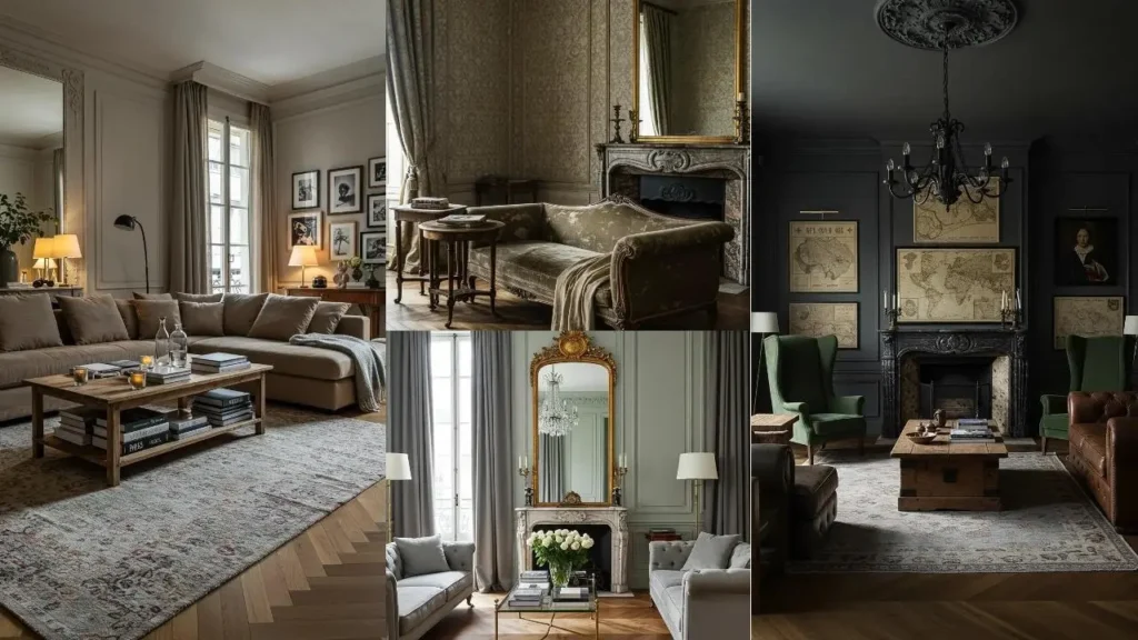 Prachtige klassieke woonkamers met oude Parijse charme, elegante sofa's, open haarden en sierlijke details.
