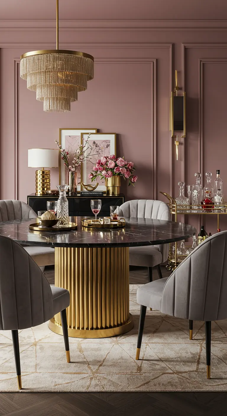 Elegante eetkamer met oudroze muren met wandpanelen, een ronde marmeren tafel en grijze fluwelen stoelen.