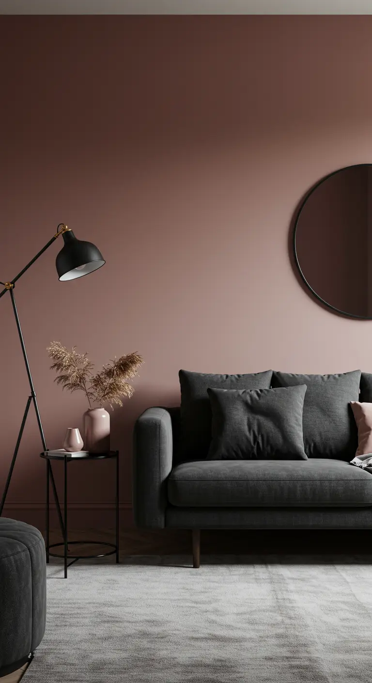 Donkergrijze bank voor een oudroze muur, gecombineerd met een zwarte lamp en spiegel.