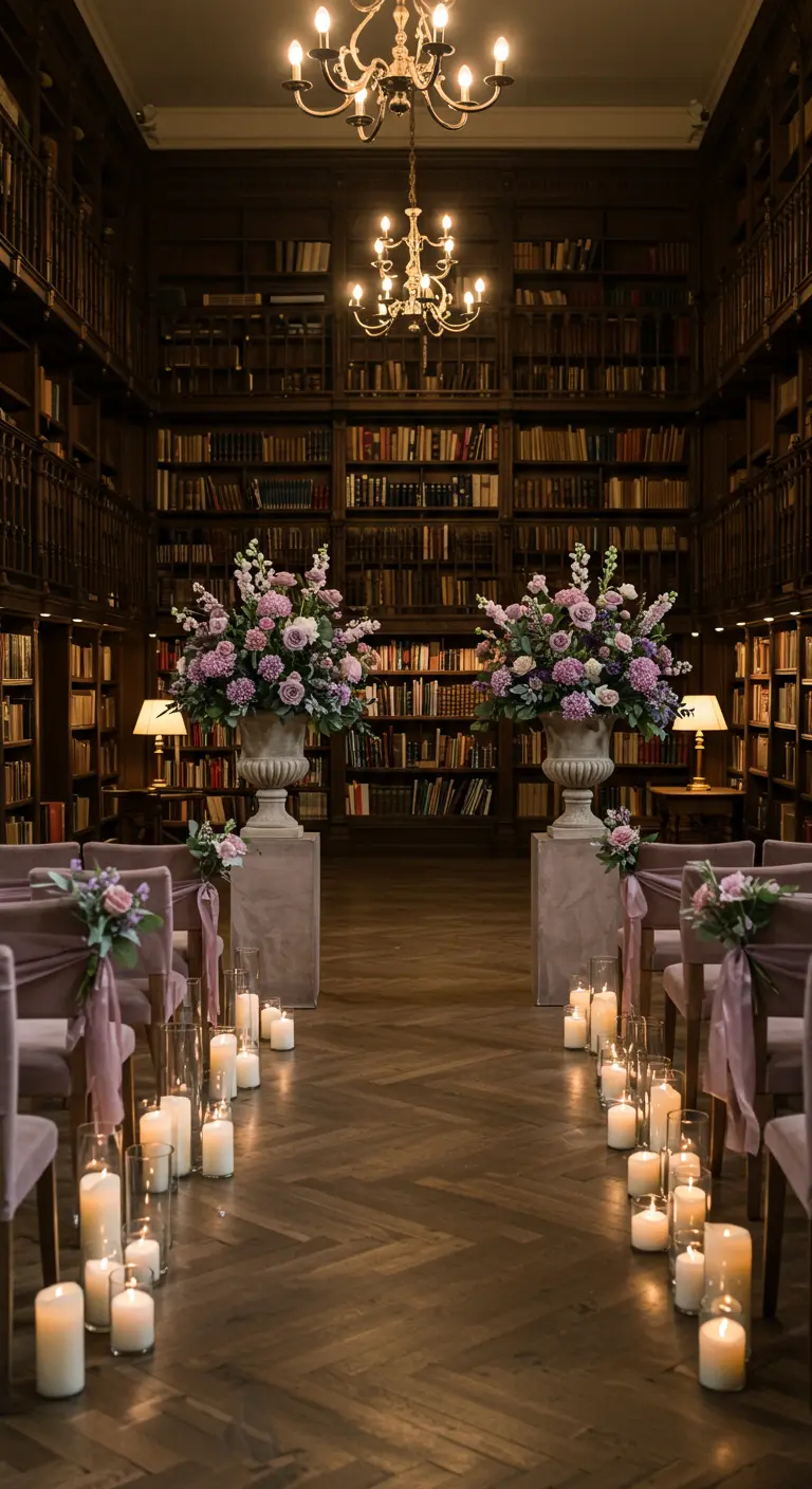 Ceremonie in een bibliotheek met oudroze fluwelen stoelen, linten en grote bloemstukken.