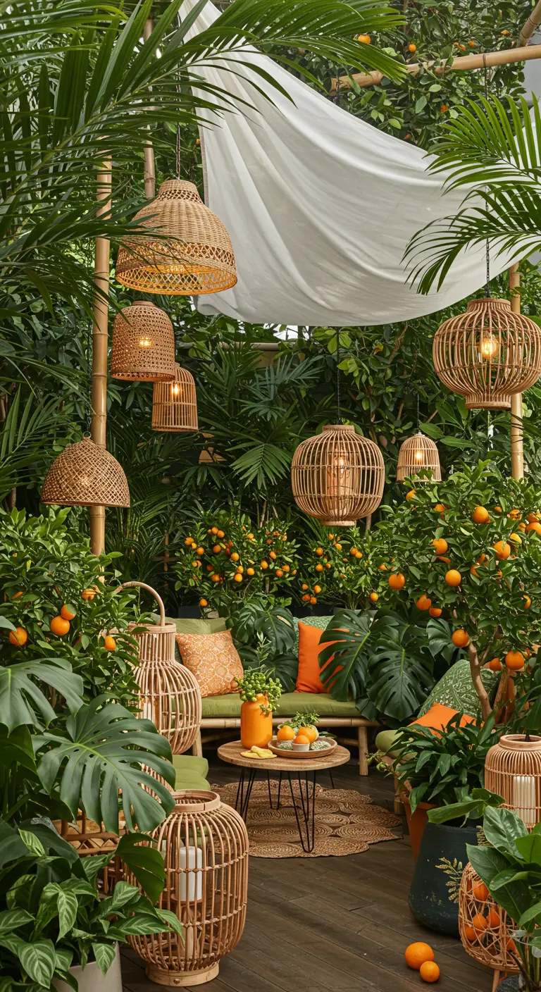 Weelderige zithoek omringd door jungleplanten, citrusbomen en heel veel rotan hanglampen.