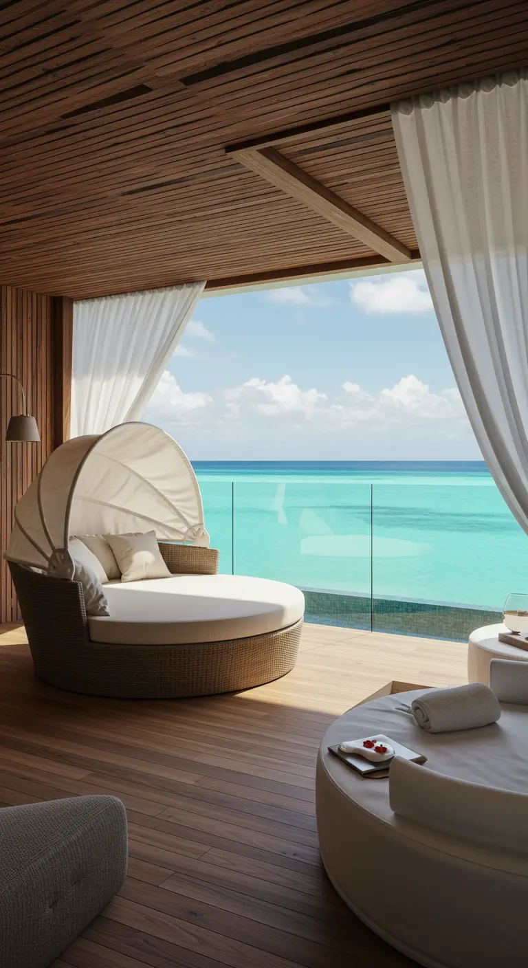 Luxe rond daybed op een houten terras met uitzicht op een turquoise zee.