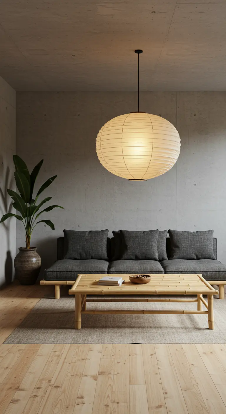 Moderne woonkamer met betonnen muren en grote papieren hanglamp