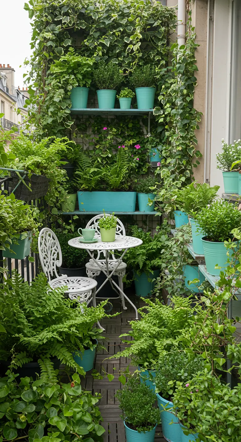 Balkon volledig overgroeid met groene planten en klimop, met een wit smeedijzeren zitje.