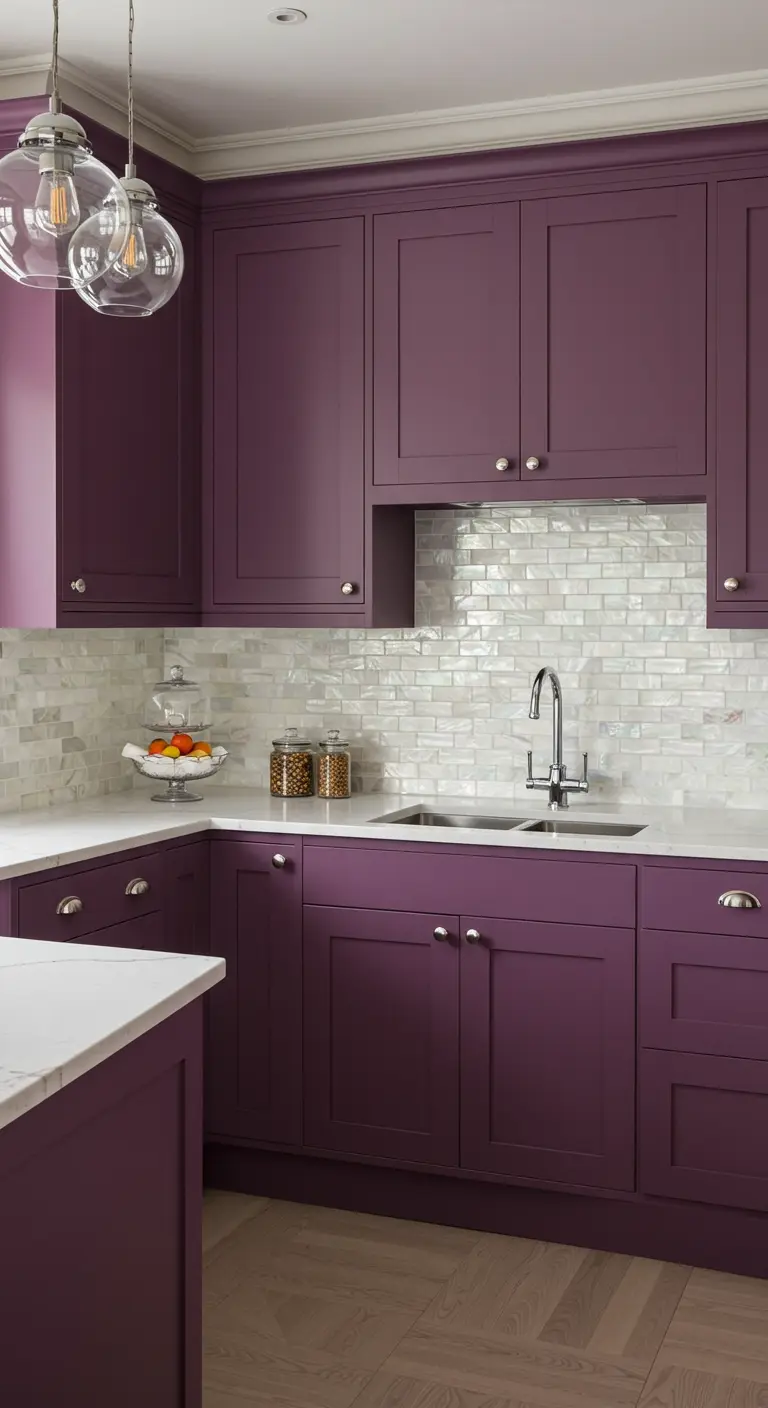 Matte paarse kasten met glanzend marmeren backsplash en glazen hanglampen.
