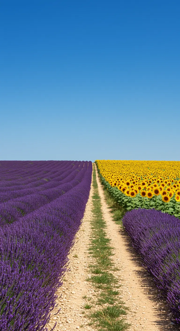 Een pad scheidt een veld met paarse lavendel van een veld met gele zonnebloemen.