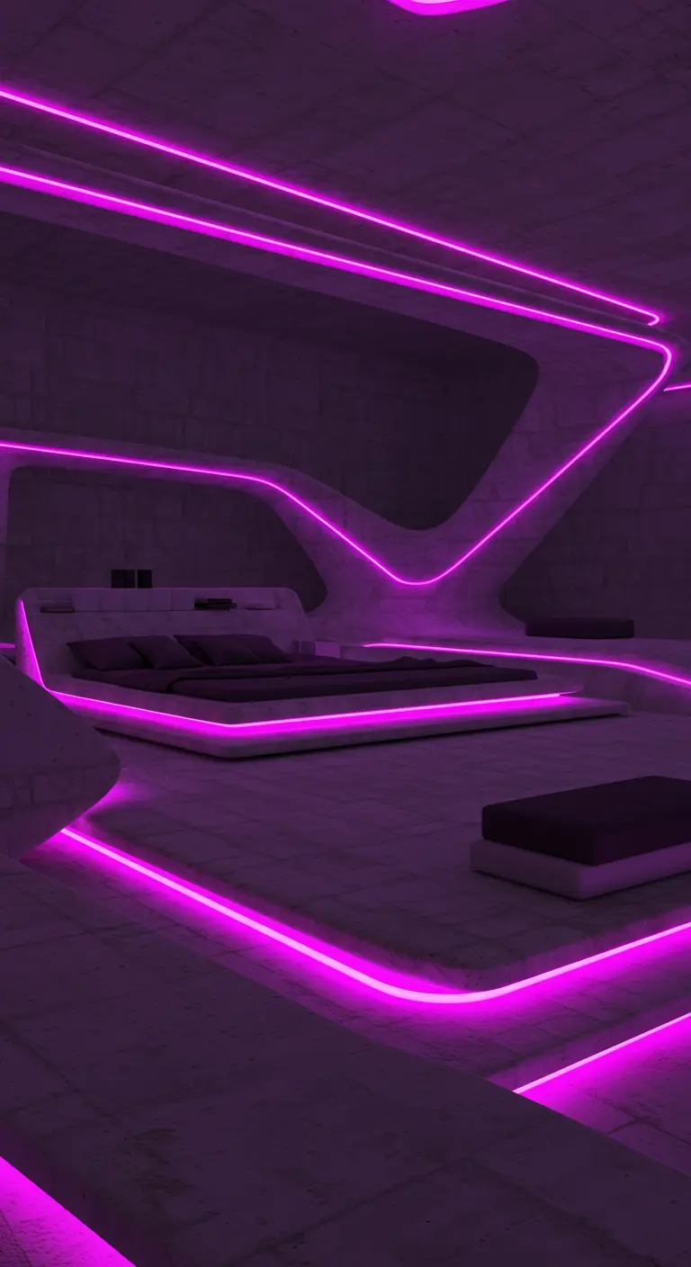 Paarse futuristische slaapkamer met organische betonnen vormen en paarse neon LED-lijnen.